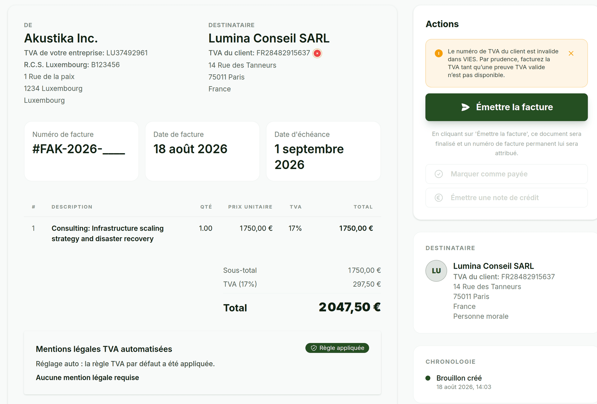Faktura invoice draft with a VIES invalid VAT number warning, advising VAT to be charged unless valid proof is provided
