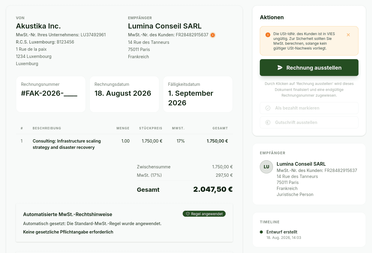 Faktura-Rechnungsentwurf mit VIES-Warnung bei ungültiger MwSt-Nummer und Hinweis auf standardmäßige Mehrwertsteuer bis zum Nachweis